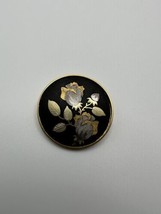Vintage Gold Black Damascene Flower Rose Brooch 1.25&quot; - £15.57 GBP
