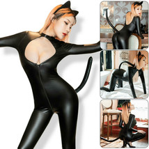 Sexy Women CAT Cosplay PVC Leather Catsuit Bodysuit Jumpsuit Costume Clu... - $15.14