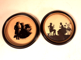 Beautiful Pair ofSilhouettes &#39;Tea Time&#39;, Round Frames, Ca. 1920, Boston - £28.40 GBP