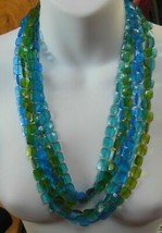 Vintage Long Blue Green Teal Square Faceted Plastic 3-Strand Beaded Necklace - $36.63