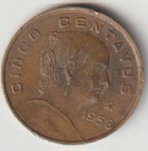 1958 Mexico 5 Cinco Centavos Brass,Copper,Zinc coin peace Age 65 KM#426a Buy now - £1.51 GBP