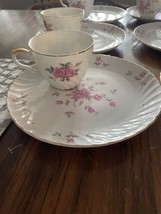 Vintage Lefton Pink Moss Rose #3171 Snack Plate Set 5 Tea Cups 6 Plates China - £26.52 GBP