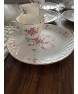 Vintage Lefton Pink Moss Rose #3171 Snack Plate Set 5 Tea Cups 6 Plates ... - £26.45 GBP