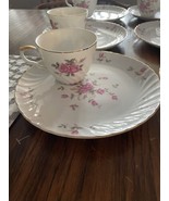 Vintage Lefton Pink Moss Rose #3171 Snack Plate Set 5 Tea Cups 6 Plates China - $30.48