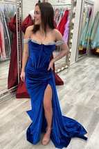 Royal Blue Velvet Rhinestones Mermaid Long Formal Dresses with Slit - £185.22 GBP