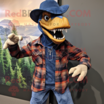 Navy Utahraptor mascot costume character dressed with a Flannel Shirt and Hat pi - £957.39 GBP