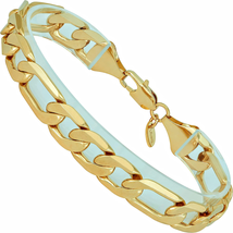 11Mm Beveled Figaro Chain Bracelet Men and Women 24K Real Gold Plated - £63.57 GBP+