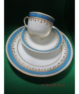 ANTIQUE FRENCH TRIO MONOGRAMED &quot;P&quot; CAKE PLATE SAUCER AND CUP BLUE AND GO... - $64.35