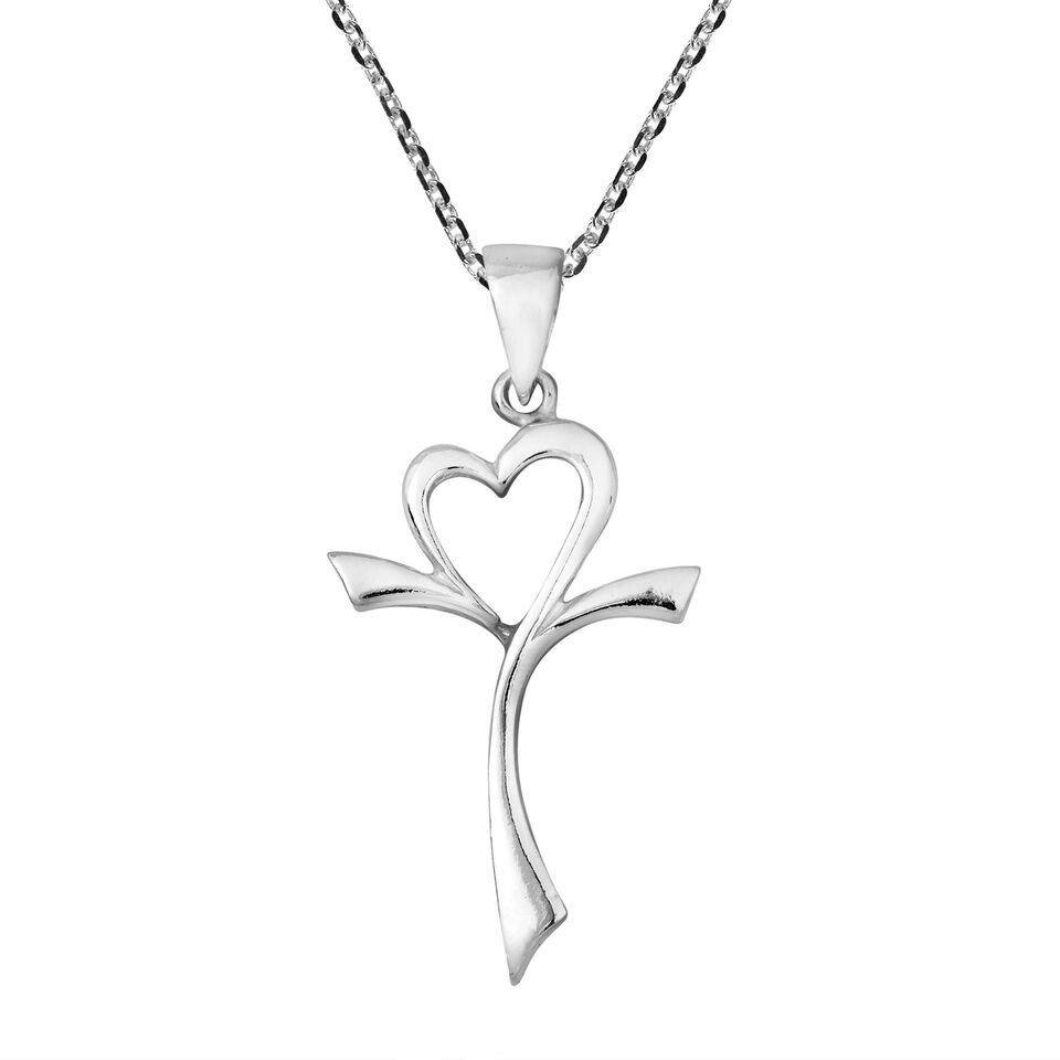 Sweet Modern Open Heart Cross .925 Sterling Silver Necklace - $21.77