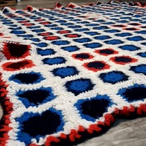 Vtg Granny Square Afghan Hand Crocheted Lap Blanket 56”X 46” Red/Blue/Black/Whit - $14.95