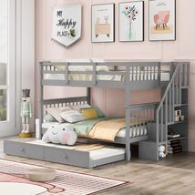 Stairway Full-Over-Full Bunk Bed with Trundle, Storage, Guard Rail - Gray - $901.99