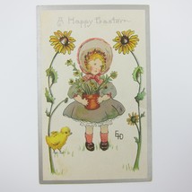 Easter Postcard Girl in Bonnet Sunflowers Pot Yellow Chick Embossed Antique - £7.86 GBP