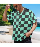 Men&#39;s Anime Inspired Black Green Checkerboard Hawaiian Shirt (Made in USA) - $38.00+