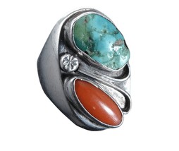 sz10.5 29.8 Gram Old Pawn Navajo Sterling Coral/Turquoise Men&#39;s Ring - £188.11 GBP