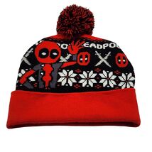 MARVEL's DEADPOOL Black &amp; Red Holiday Winter Pom-pom Beanie Cap Toque Hat - $9.90