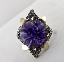 Antique Natural Amethyst Carved Diamond 18K Gold 925 Silver Victorian Ring - £179.74 GBP