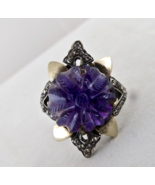 Antique Natural Amethyst Carved Diamond 18K Gold 925 Silver Victorian Ring - £181.65 GBP