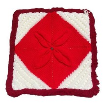 Crochet Handmade Red Flower Throw Pillow Cover Boho Cottage Shabby Core 15&quot; VTG - £24.36 GBP
