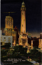 Vtg Postcard 198-Old Water Tower and Palmolive Bldg. by Night, Chicago, PM 1954 - £5.06 GBP