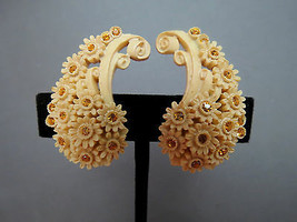 VTG Plastic Flower Earrings Clip On Ear Climber Amber Rhinestones Bubble Lite - £15.97 GBP