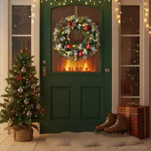 LED Christmas Wreath – 40cm Pinecone &amp; Red Berry Door Garland - $40.99