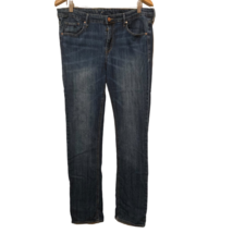 H&amp;M Womens Straight Leg Jeans Blue Stretch Whiskered Medium Wash Mid Rise 33x34 - £9.43 GBP