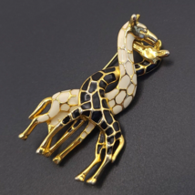 Vintage 80s Gold Tone Intertwined Giraffes Black &amp; White Enamel Brooch P... - $9.95