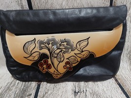 Vintage 1980 Patricia Smith Black Leather Clutch Purse Moon Bag Hand Painted - £50.86 GBP