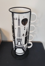 4 Ceramic Paris France Stackable Cups Mugs with Holder ~ ONE CUP DAMAGED ~ FS - £35.23 GBP