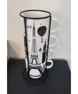 4 Ceramic Paris France Stackable Cups Mugs with Holder ~ ONE CUP DAMAGED... - £35.50 GBP