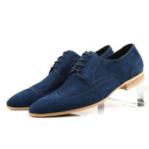 Handmade Blue Color Wing Tip Formal Dress Stylish Men Lace Up Tan Sole Shoes - £119.89 GBP+