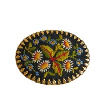 Needlepoint Embroidered Colorful Crewel Floral Brooch Pin Vintage - £9.11 GBP