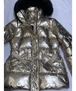 Michael Kors Gold Puffer Jacket MK Logo with Faux Fur Hooded Trim Belt S... - $271.56 CAD