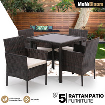 [PE RATTAN CHAIRS+TEMPERED GLASS TABLE] 5 PCS Patio Wicker Furniture Din... - $461.99