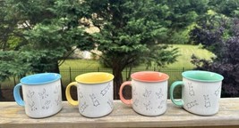 Set of 4 All Over Outlined Bunny Rabbits MUGS COFFEE CUPS Large Colorful... - £31.45 GBP