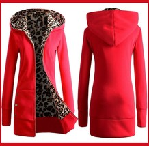  Long Red Front Zip Up Lined Leopard Print Medium Length Hooded Parka Ja... - $46.94