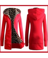  Long Red Front Zip Up Lined Leopard Print Medium Length Hooded Parka Jacket - £37.52 GBP