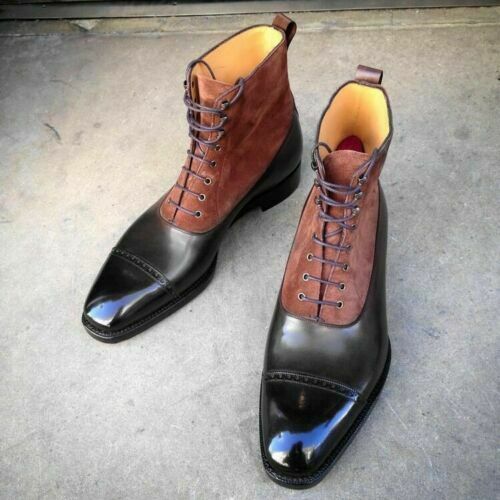 Men's New Handmade Formal Shoes Pure Maroon Suede & Black Leather Stylish High