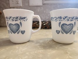 2pc Vintage Corning Ware Corelle Blue Hearts Coffee Mugs USA Microwave Safe - $12.19