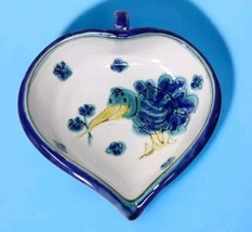 Handmade Terracotta Art Pottery Bird Heart Dish Vtg Blue Kitsch Painted Flowers  - £13.93 GBP