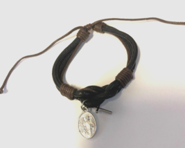 Leather Cuff Bracelet with St Michael The Archangel Charm + Cross Charm,... - £4.65 GBP