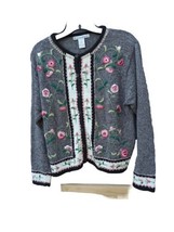 Dressbarn Floral Gray Embroidered Front Button Cardigan Size M Ramie/Cotton - £19.29 GBP