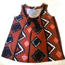 A.N.A. Women&#39;s Sleeveless Tunic Top Size M Ribbon Tie V-Neck Brown Pattern - $14.01