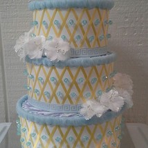 Light Blue , Yellow and White Themed Baby Shower 3 Tier Beaded Diaper Cake Gift - £46.86 GBP