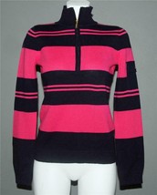 Liz &amp; Co. Hot Pink Navy Stripes Zipper Top Semi Turtleneck Cotton Sweater Wm&#39;s S - £28.14 GBP