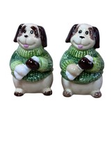 GKRO Salt and Pepper Shakers Brown &amp; White Dog with Green Sweaters Holdi... - $4.19