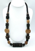 Vintage Brown Coconut Shell Wood Bead Chunky BOHO Necklace 30&quot; - £14.09 GBP