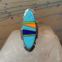 Long Zuni ring Turquoise size 7.75 Inlaid sterling silver women - £107.21 GBP