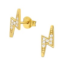 Lightning Bolt 925 Silver Stud Earrings Gold Plated and CZ - £12.54 GBP
