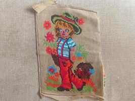 Finished needlepoint vintage tapestry, Boy with a puppy, kid's tapestry,... - $20.00